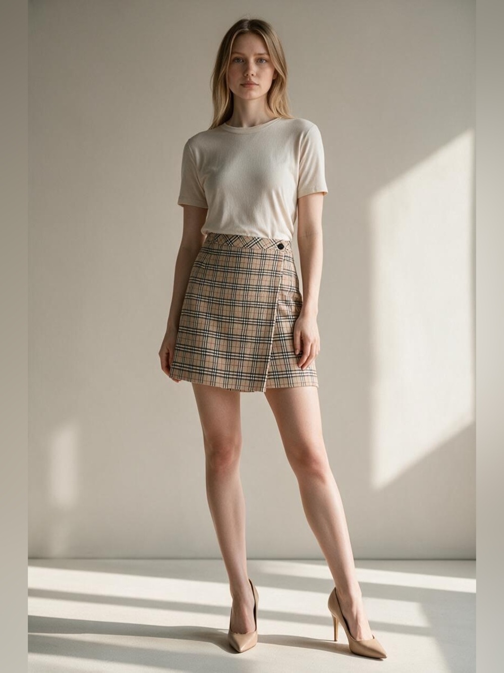 Burberry Beige Plaid Wrap Mini Skirt size 38 waist=28